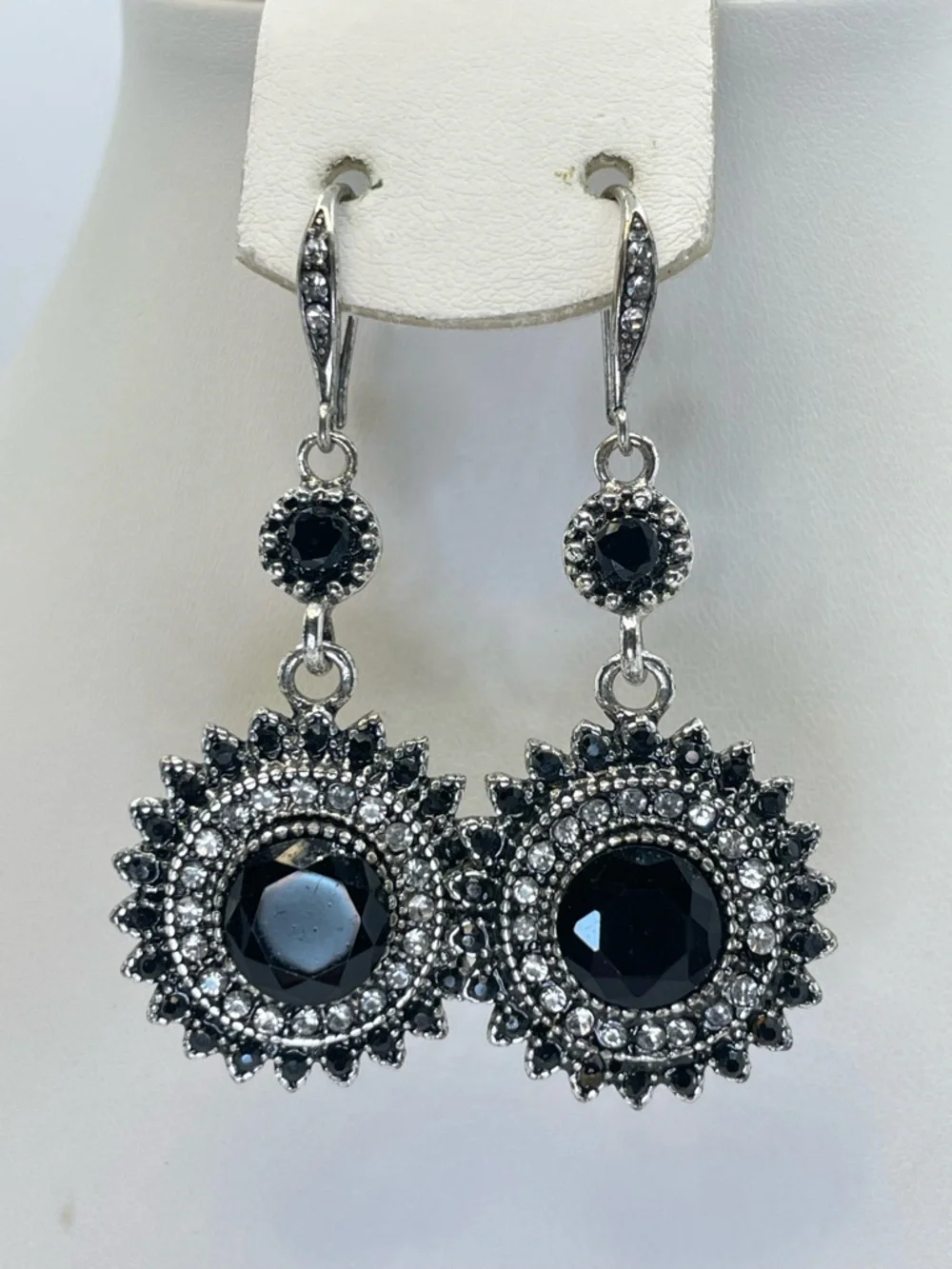 Black Crystal Sunburst Dangle Earrings Silver Tone Vintage Style